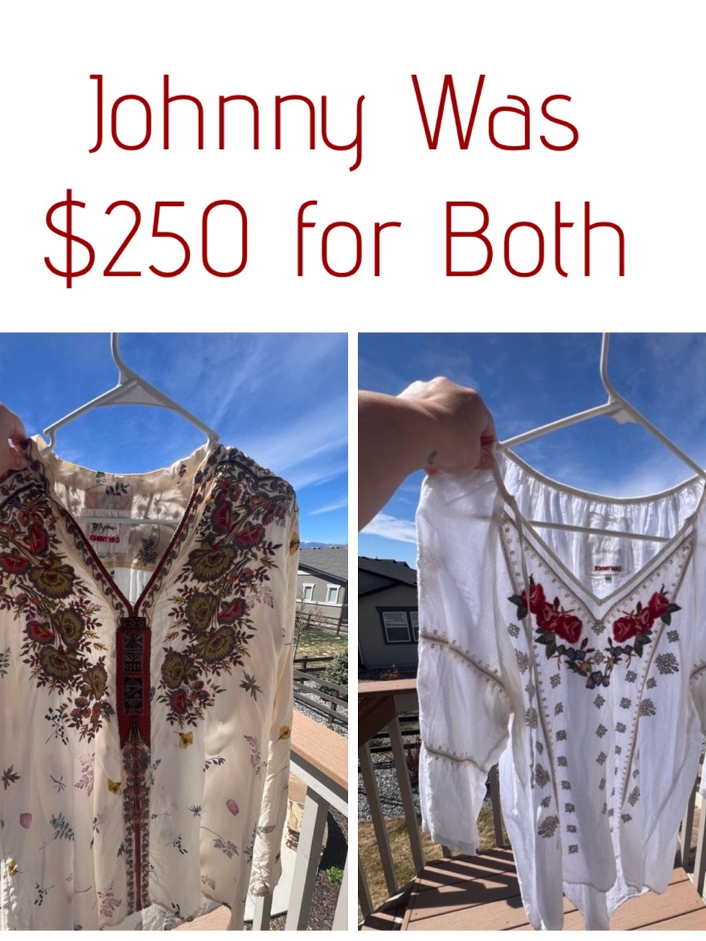 Johnny Was Cream and White Embroidered Boho Tops with Red Floral Detail